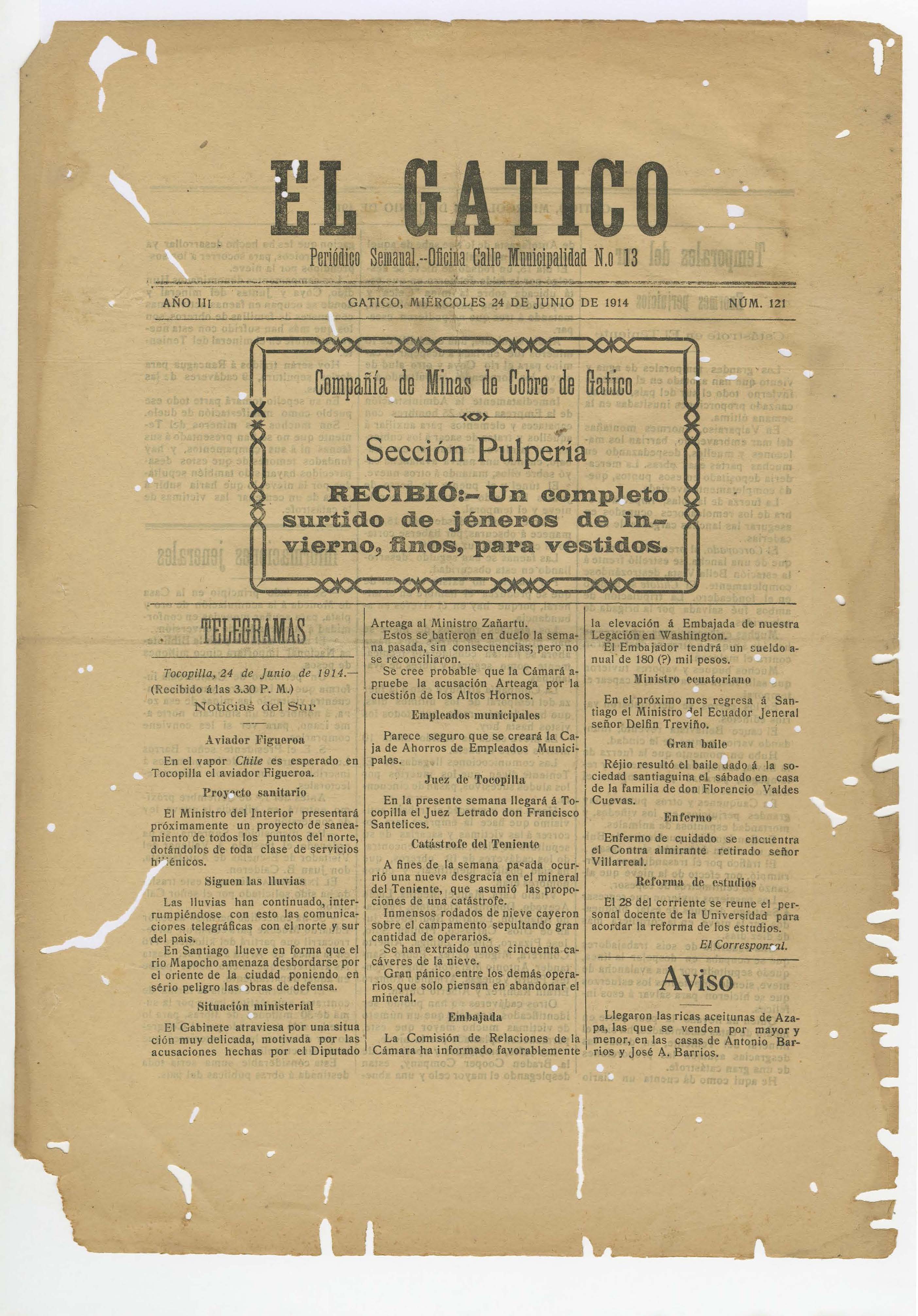 El Gatico, nº 121 (24 de junio de 1914) | Museo de Antofagasta