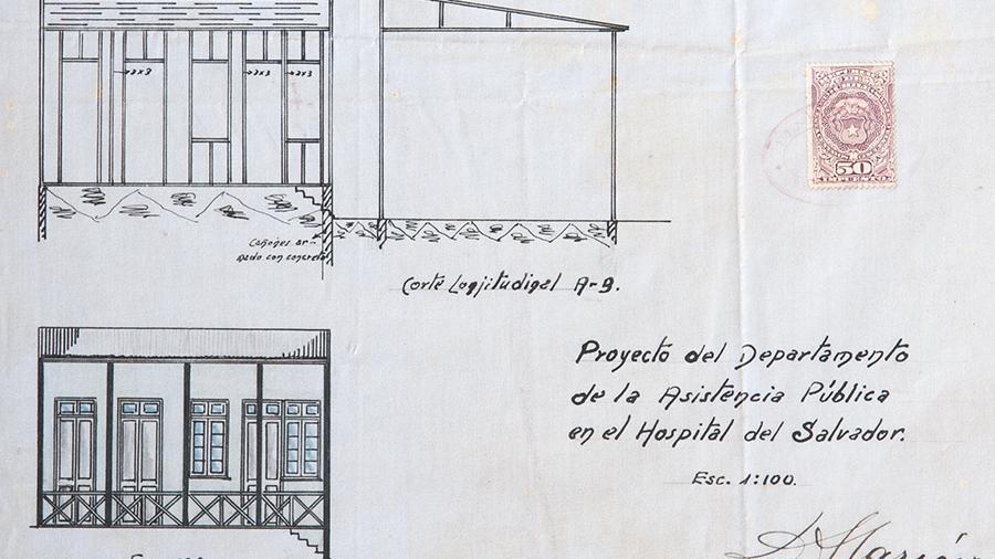 Detalle plano original Hospital del Salvador. 1920. Proyecto del Departamento de Asistencia Pública.